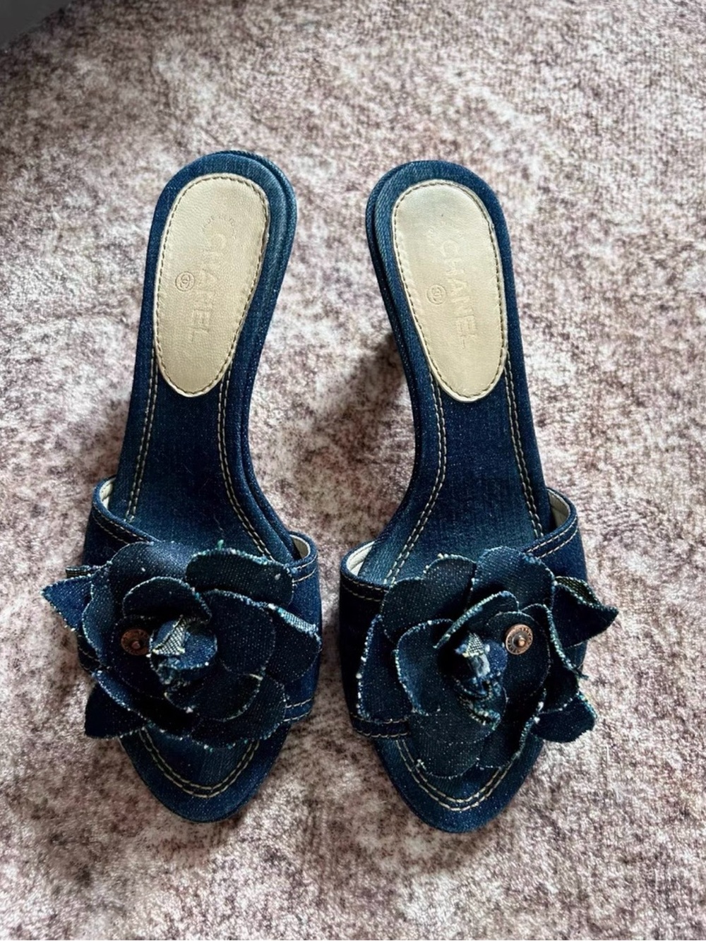 CHANEL Denim Camellia Slide Mules in Dark Blue PLEASE READ DESCRIPTION